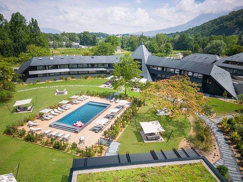 Miura Hotel — aerial view of the hotel, pool and lawns